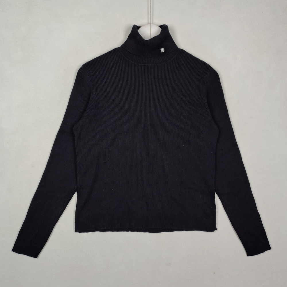 Lauren Ralph Lauren Navy Blue Ribbed Turtleneck Sweater Cotton Petite Large P/L